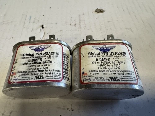 (Lot Of 2) 5 MFD x 370/440 VAC Oval Run Capacitor AmRad USA2029 Tested/fast Ship