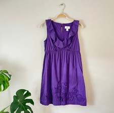 Ann Taylor LOFT Petite Sleeveless Dress Cotton Purple Ruffle Neck 2P Embroidered