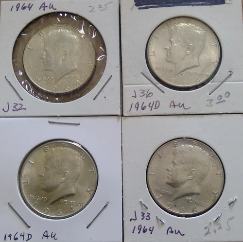 90 % Silver 1964 and '64 D Kennedy Half Dollar's, Lot of 4 AU condition
