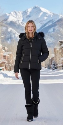 GUESS Women s Puffer Jacket With Faux Fur Trim Size L