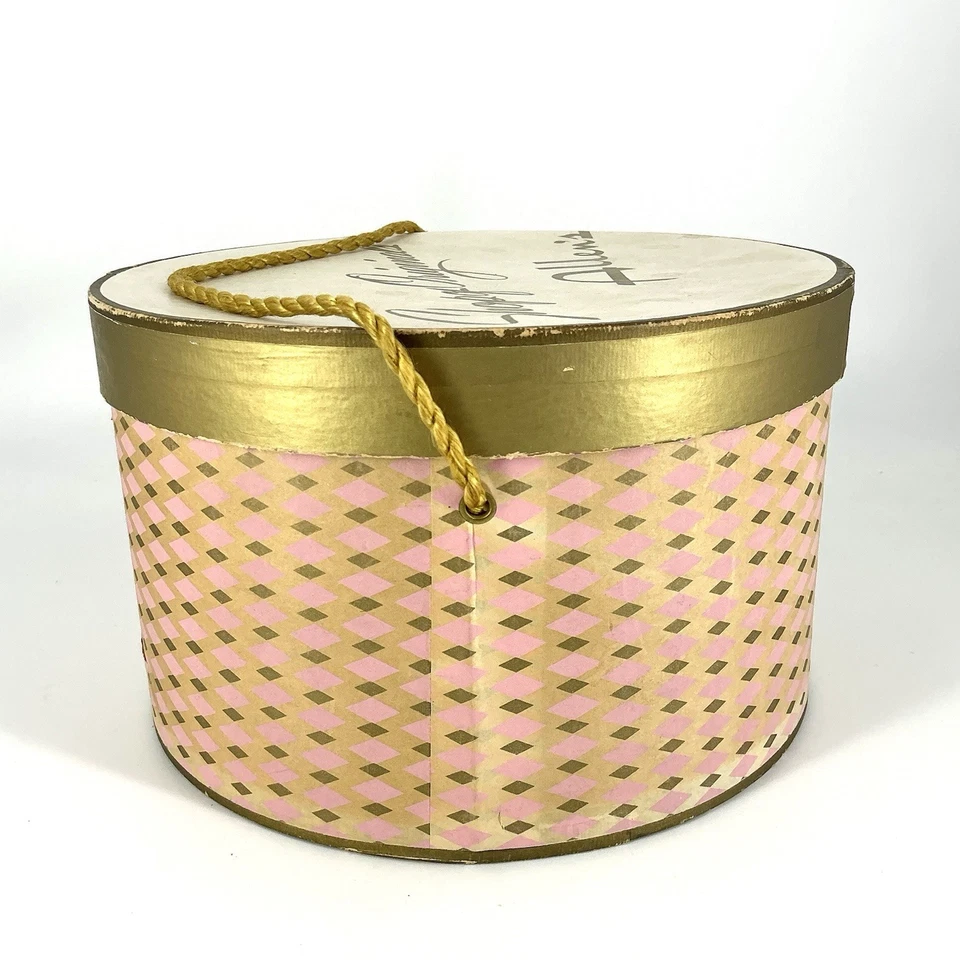 Caja de sombrero Allen’s vintage tienda de originales rosa y dorado Foto 4 de 4