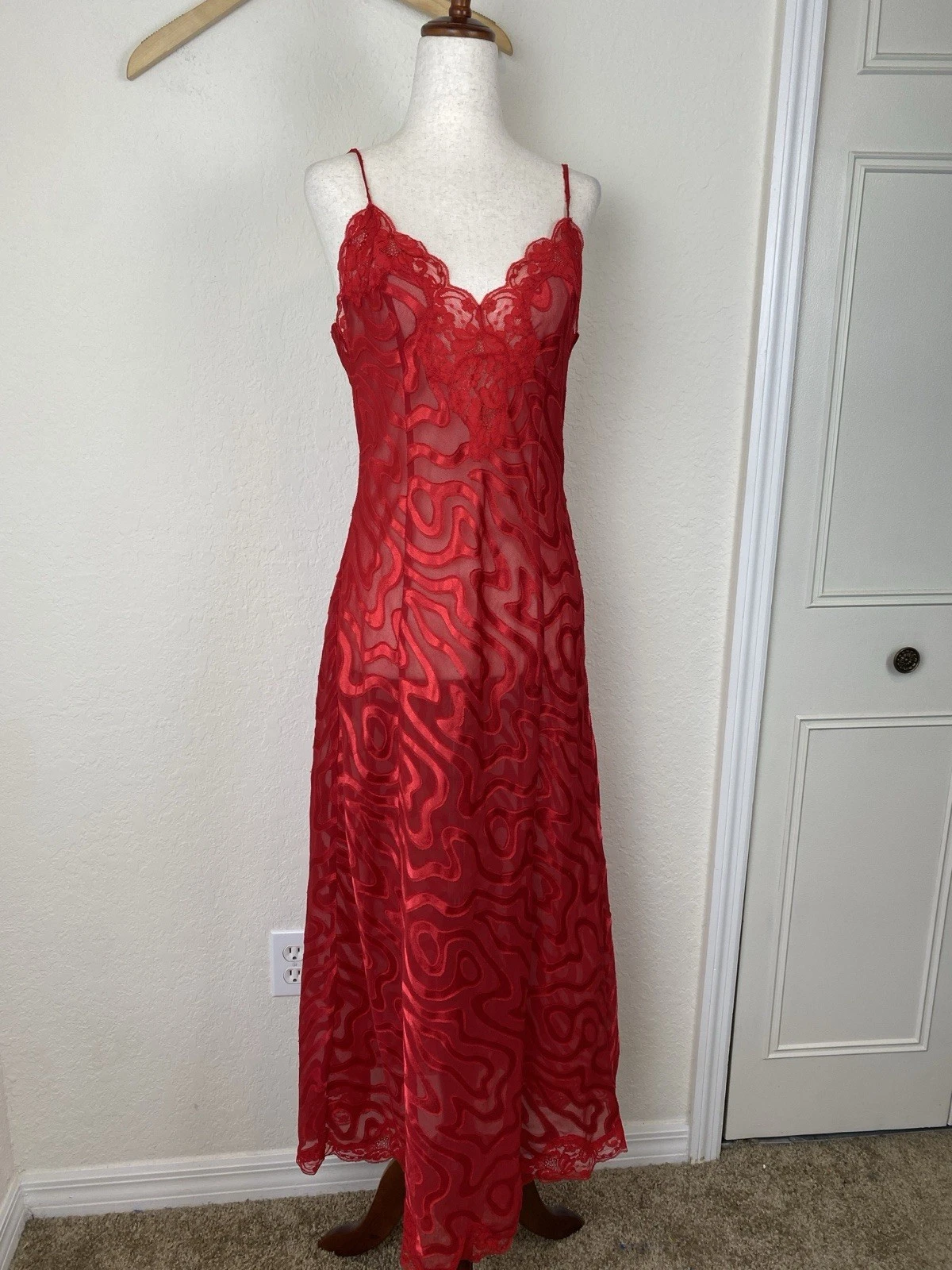 UNDERCOVER Abito vestito maxi slip vintage anni 90 Y2K Victoria’s Secret M rosso pizzo trasparente romantico