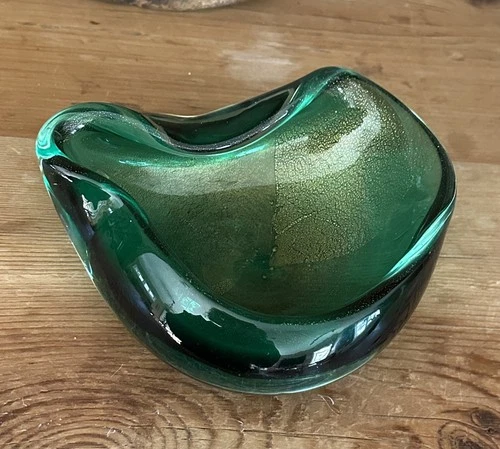 Vtg. Murano  Green & Gold art glass biomorphic or kidney shaped Ashtray/Bowl