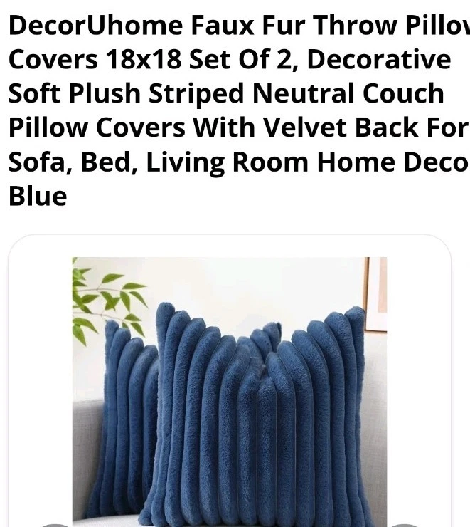 2 Faux Fur Throw Pillow Covers 18x18 Striped Velvet Blue Soft Zip Enclosure  - Image 3 of 4