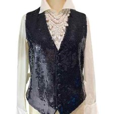 CHEAP & CHIC MOSCHINO Black Sequin Vest, Italy Made, Size 42 USA / 52 ITA