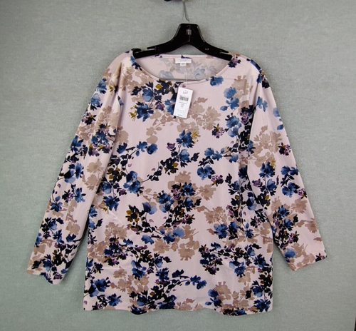 NEW J Jill Womens Shirt Petite Large Pink Floral Velvet Velour Tunic Casual Cozy