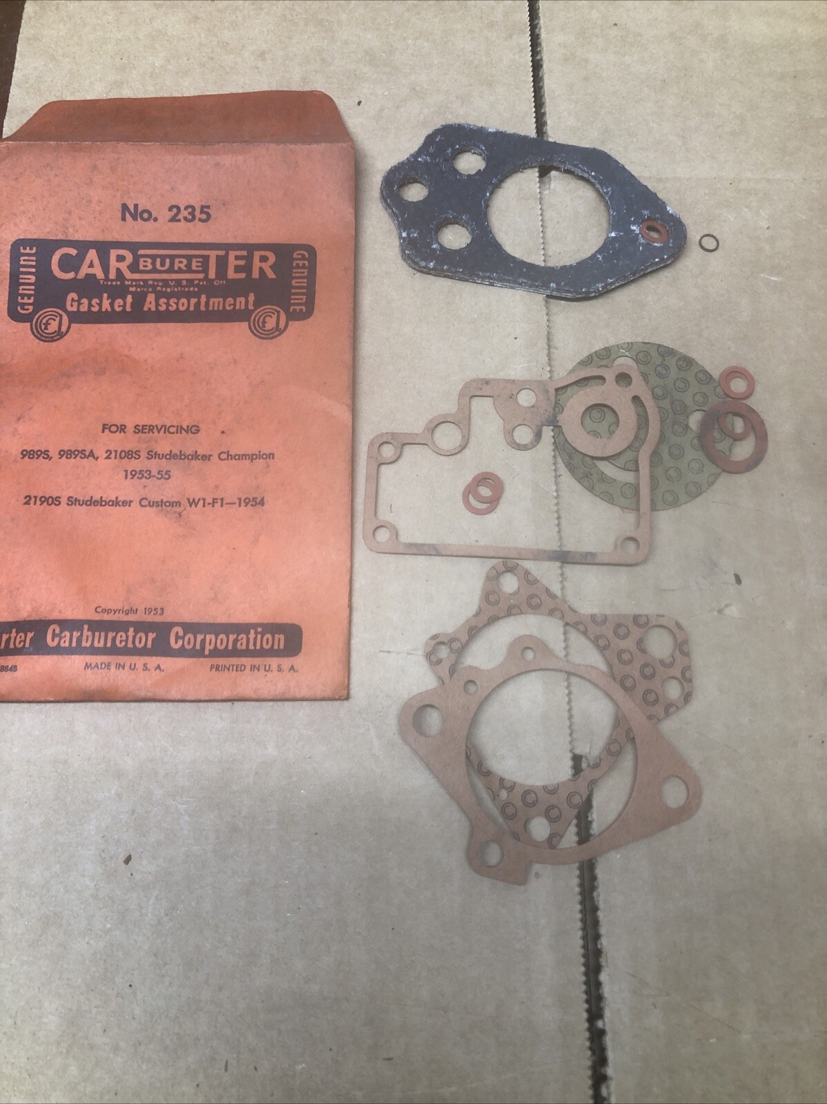 1953-54-55 STUDEBAKER CHAMPION CARTER CARBURETOR GASKET KIT NOS 235