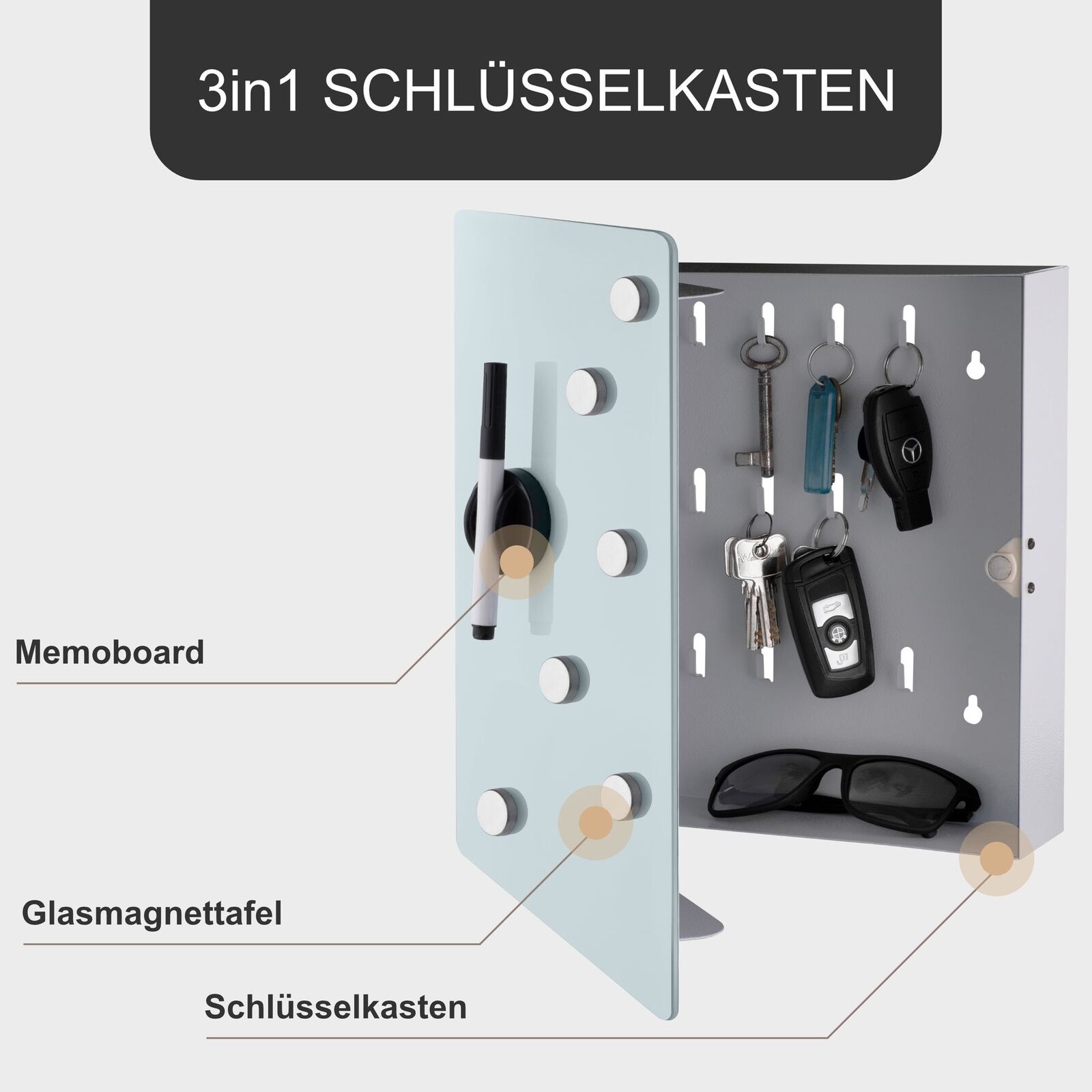 Schlüsselkasten mit Glas Magnettafel mit 6 Magneten Memoboard Schlüsselschrank