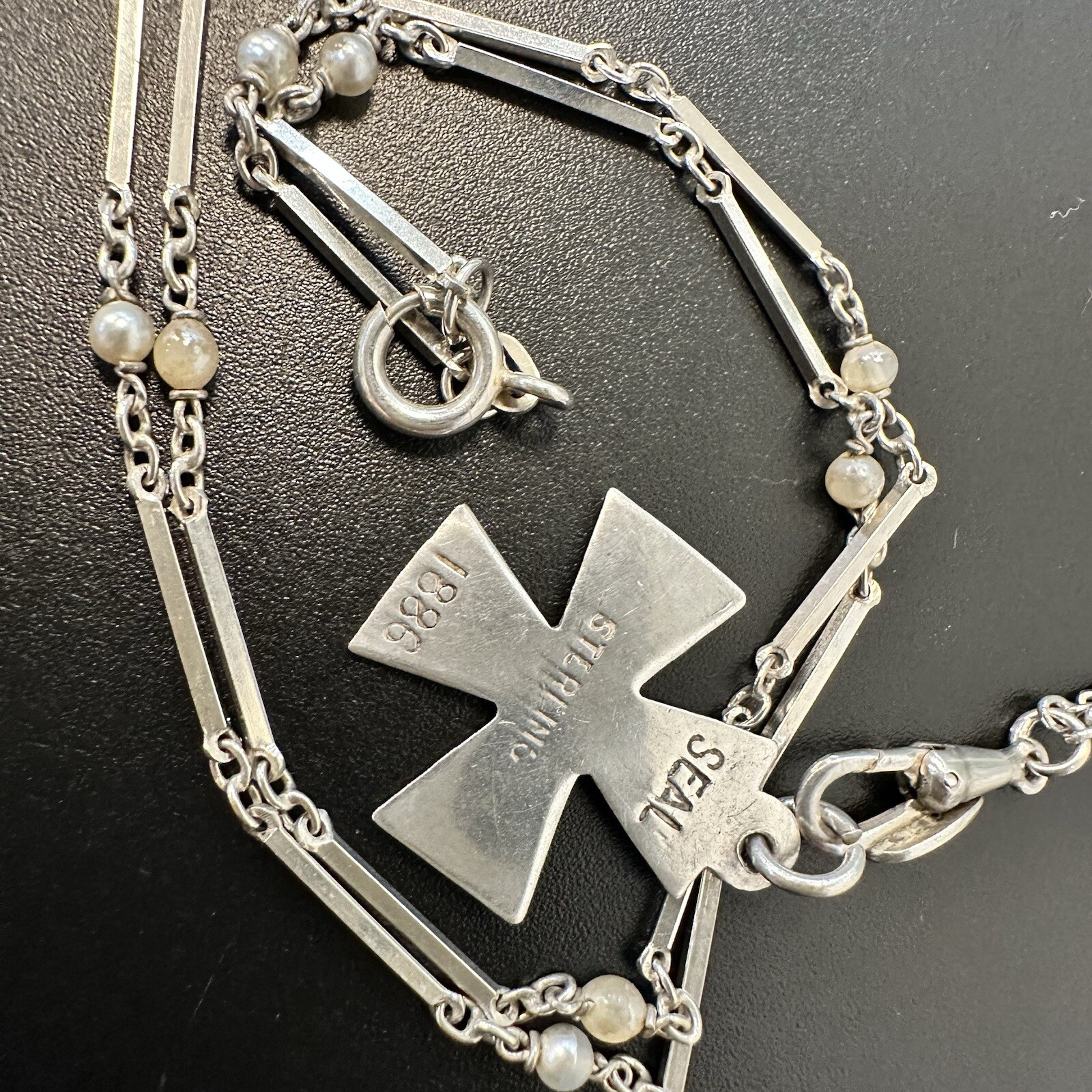 ANTIQUE ESTATE 800 SILVER CHATELAINE NECKLACE 27” w/ STERLING IHN CROSS PENDANT