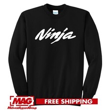 KAWASAKI NINJA BLACK CREWNECK WHITE Logo Racing Sweatshirt Motorcycle Motor Bike