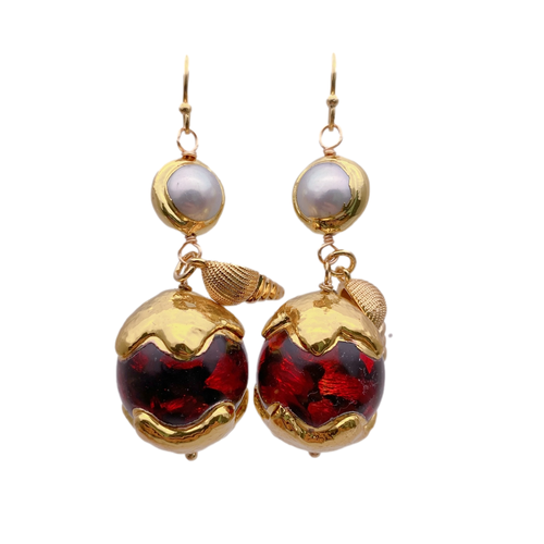 Cultured White Pearl Red Murano Glass Drop Dangle 18kt Gold Over Hook Earrings - Picture 2 of 4