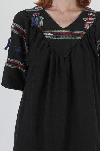 Black Cotton Guatemalan Villager Dress Bell Slv Ethnic Mexican Aztec Pockets - Picture 7 of 7