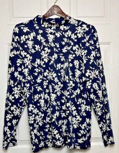 NWT Style&Co Floral Blue White Flowers Mock Neck Top with Long Sleeves  Size XL