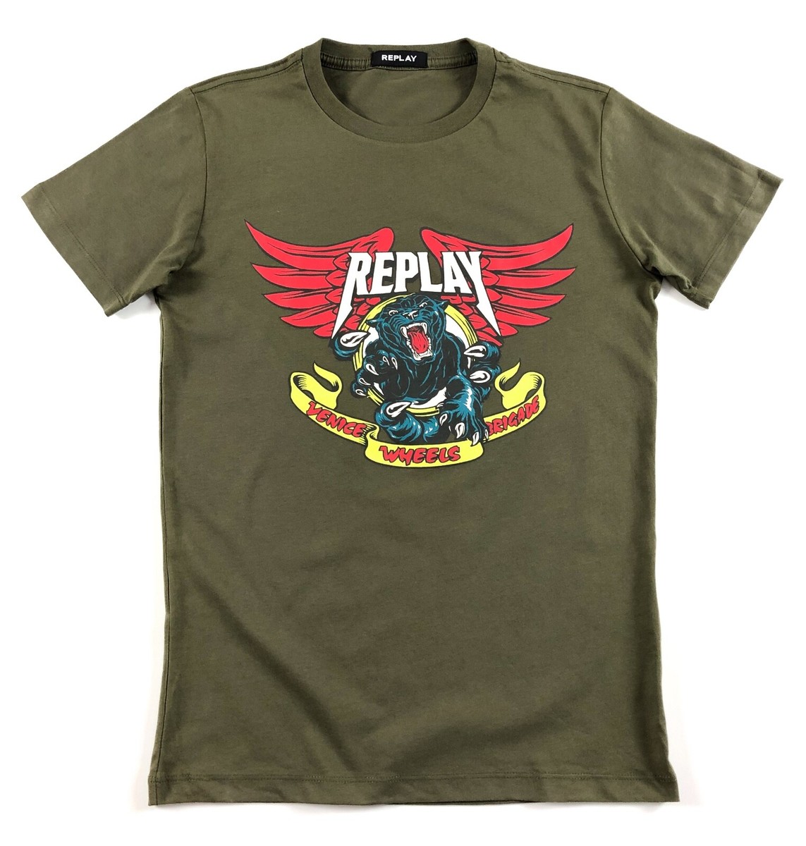 送料込★REPLAY★M3053 Tシャツ REPLAY T-Shirt Men's Crew Neck Regular Fit Olive Tiger Print