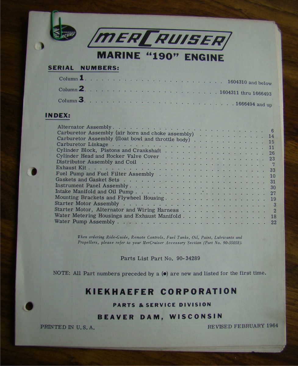 1964 MerCruiser Marine 190 Engine Parts Manual 33pgs mercury boat