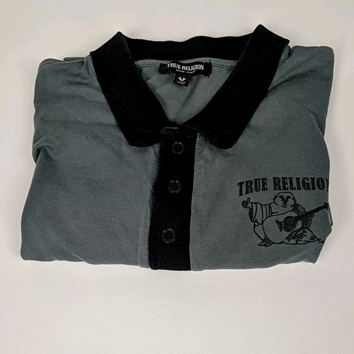 True Religion Mens Polo Medium Logo Buddha Contrasting Color Green 100% Cotton - Picture 2 of 9