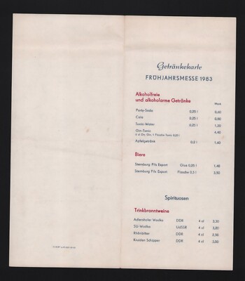LEIPZIG, Speisekarte Getränkekarte 1983, Frühjahrsmesse 1983