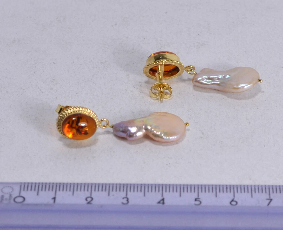 ORECCHINI  ARGENTO 925 DORATO OVALI AMBRA  E PERLE  BAROCCHE          AGHT 0799 - Immagine 2 di 3