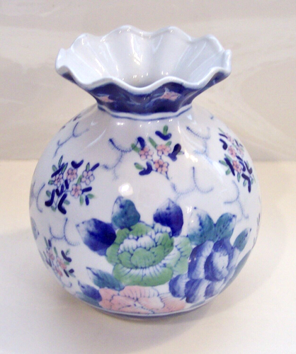 Vintage 6" Blue / White / Pink Floral Porcelain Vase Ruffled Edges No Markings