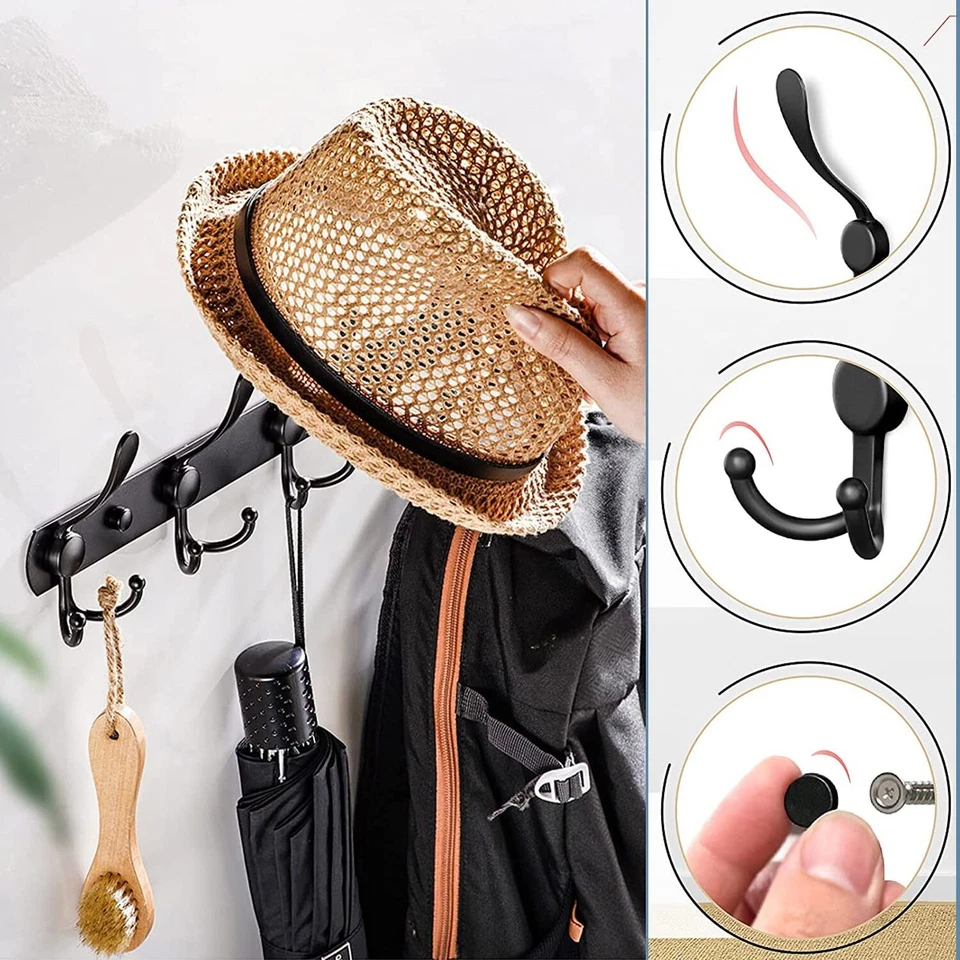 Appendiabiti a Parete,Ganci Appendiabiti Attaccapanni da Muro Nero Opaco 6 gance - Immagine 4 di 4