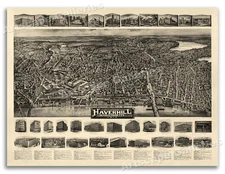1914 Haverhill Massachusetts Vintage Old Panoramic City Map - 24x32