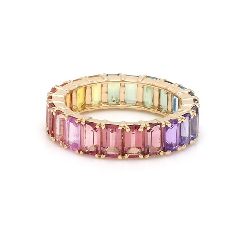 Emerald Cut Rainbow Sapphire Full Eternity Bands Wedding Ring In 18k Yellow Gold - Picture 4 of 7