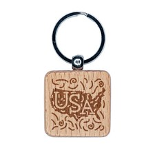 USA United States America Country with Text Swirls Engraved Wood Square Keychain
