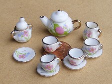 Dolls House Pink And White Tea Set Ceramic 11 Piece RO7 1 :12 Scale tumdee
