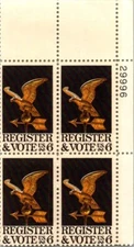 US STAMP VINTAGE POSTAGE : Scott#1344 Register & Vote 1968 6c Plate Block 4 *MNH