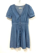 Madewell Women Chambray Denim Daylily Blue Short Puff Sleeve Mini Dress Size 4