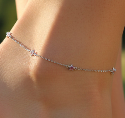 Boho Silver Tone Plated Brass Anklet | Dainty Minimalist Star Charm Pattern