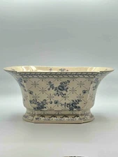 Vintage Blue & White Ceramic Planter Cachepot 13" Crackle Glaze Floral Design