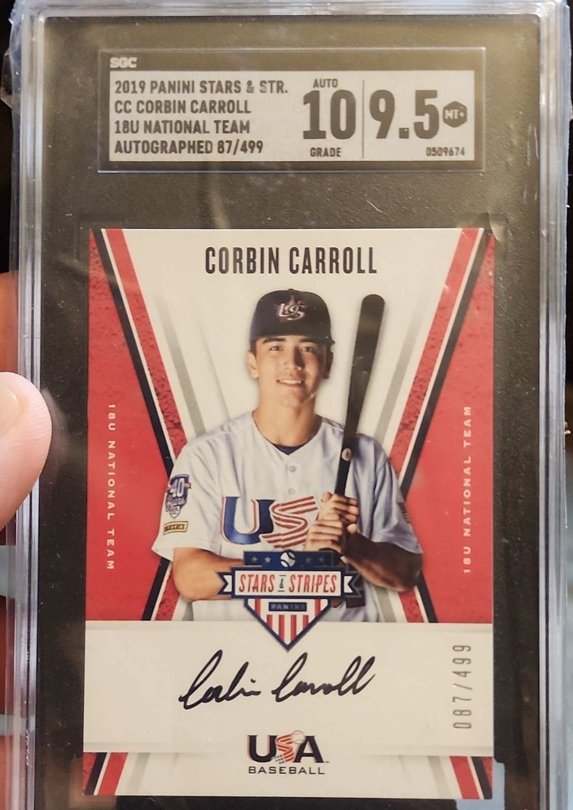Panini 2019 Stars & Stripes Corbin Carroll Black Ink /499 AU SGC 9.5