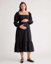 Quince Women 100% Organic Cotton Gauze Maternity Smocked Midi Dress Black L