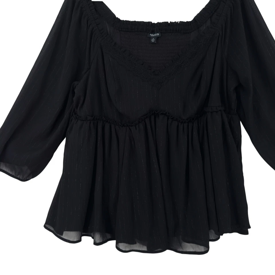 Torrid Babydoll Top Womens Size 2 Black Silver Stripes Puff Sleeve Whimsigoth - Image 4 of 4