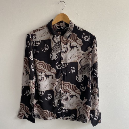 All Saints Shirt Mens Small Black Brown Akita LS Long Sleeve Viscose Oriental