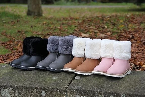 Girls Winter Ankle Boots Kids Fluffy Boots Faux Leather Zip Up Casual Snow Shoe - Image 2 of 4