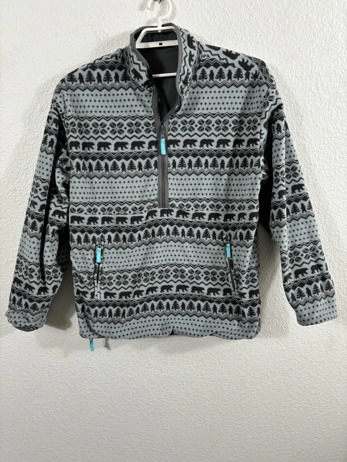 Chubbies Jacket Mens Large Gray Black Reversible Fleece Anorak Pullover Bears