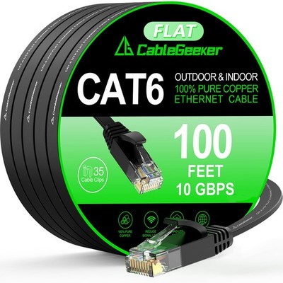 Cat 6 Ethernet Cable 100 ft, Indoor&Outdoor, High Speed 10Gbps Flat Internet ...
