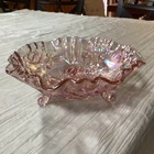 Vintage Carnival Glass Ruffled Footed Bowl Rose Pattern Iridescent Pink Rare