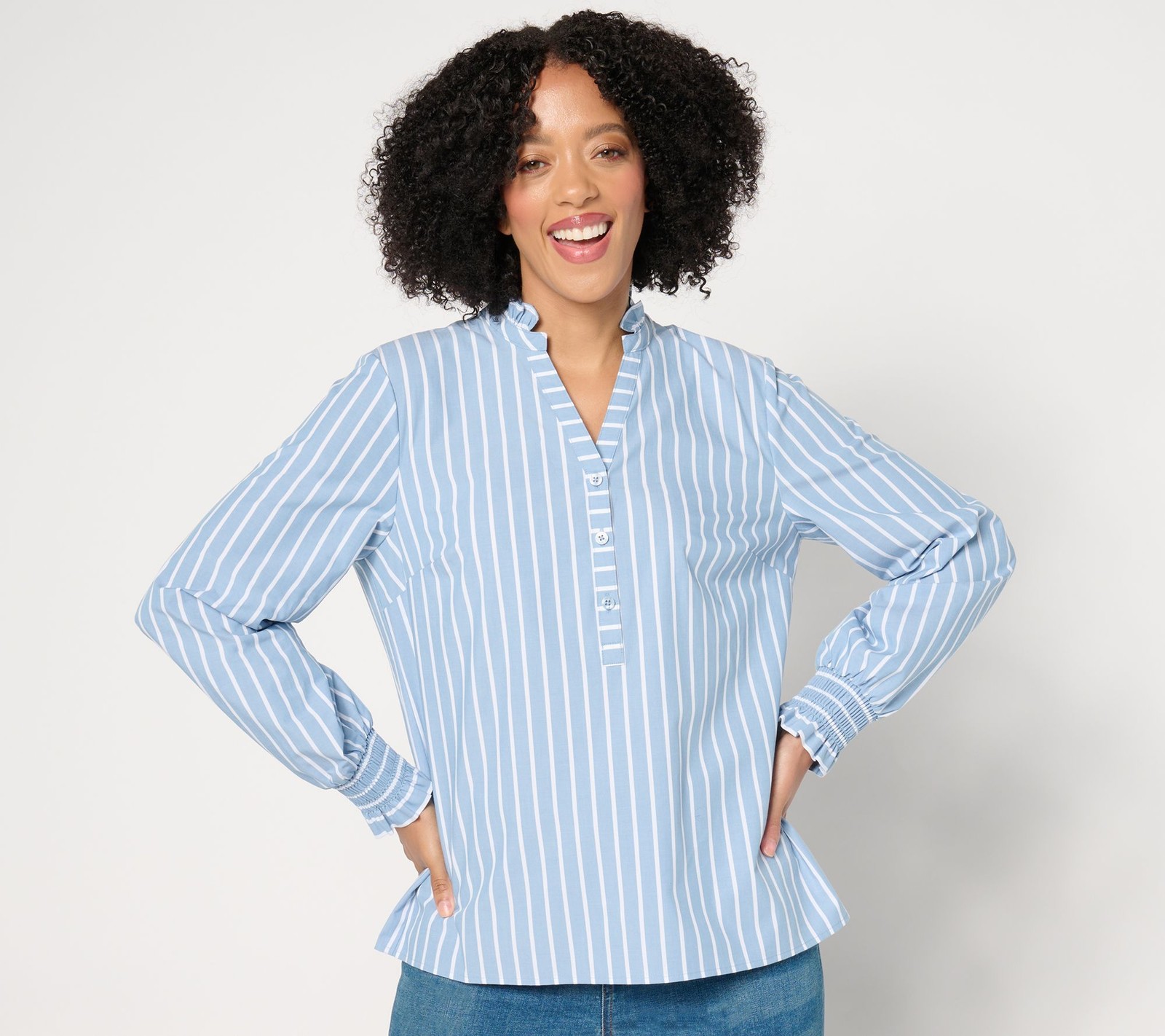 Studio Park Women's Top Sz M Ruffle Collar Smocked Cuff Henley Blue A670452