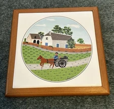 Villeroy & Boch Naif “Going To Market” By Laplau Ceramic Tile Trivet Wood Frame