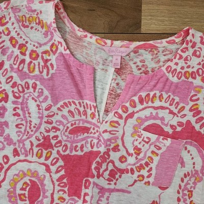 Lilly Pulitzer Duval Notch Neck Linen Shirt Top Trunk In Love Print Size Medium