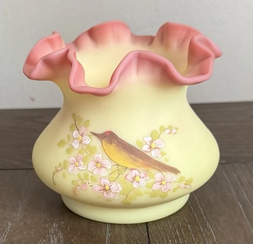 Fenton Burmese Ruffle Vase Hand Painted Birds Pink Flowers Signed Louise Piper