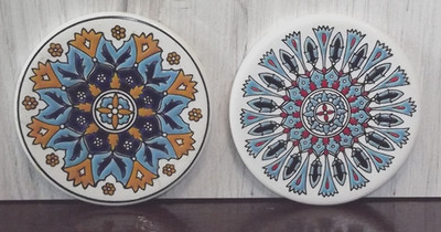 2 Ceramic 3.5'' Tile Coaster  NIARCHOS HELLAS Mandala Abstract Floral  B79