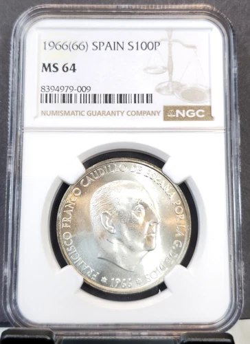 1966 66 SPAIN SILVER 100 PESETAS FRANCISCO FRANCO NGC MS 64 BEAUTIFUL BU LUSTER