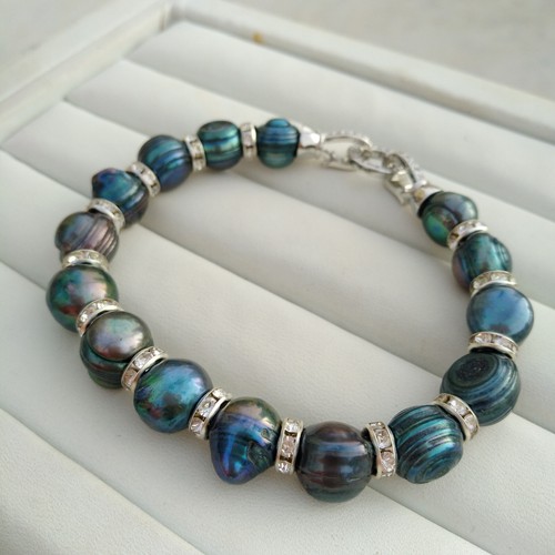 Rare Stunning South Sea Baroque Peacock Black Pearl Bracelet 7.5-8inch Silver - Picture 4 of 6
