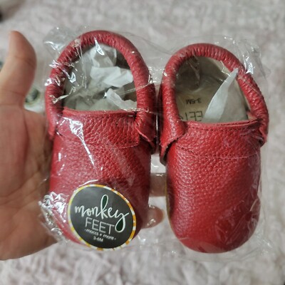 Monkey Feet 3-6M Red Moccasin Slip-On Leather Shoes With Soft Bottom