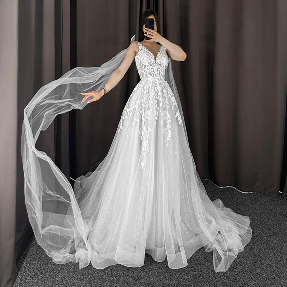 appliqued glitter tulle a line wedding dress Sheer Lace Long Sleeves Glitter Tulle A-Line Wedding Dress – HAREM's Brides main image 0