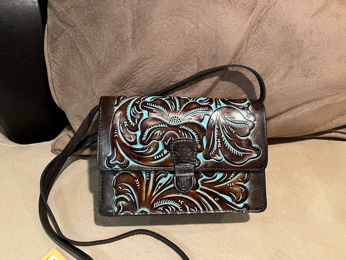 NWT Patricia Nash Locri Tooled Leather Brown Turquoise Handbag
